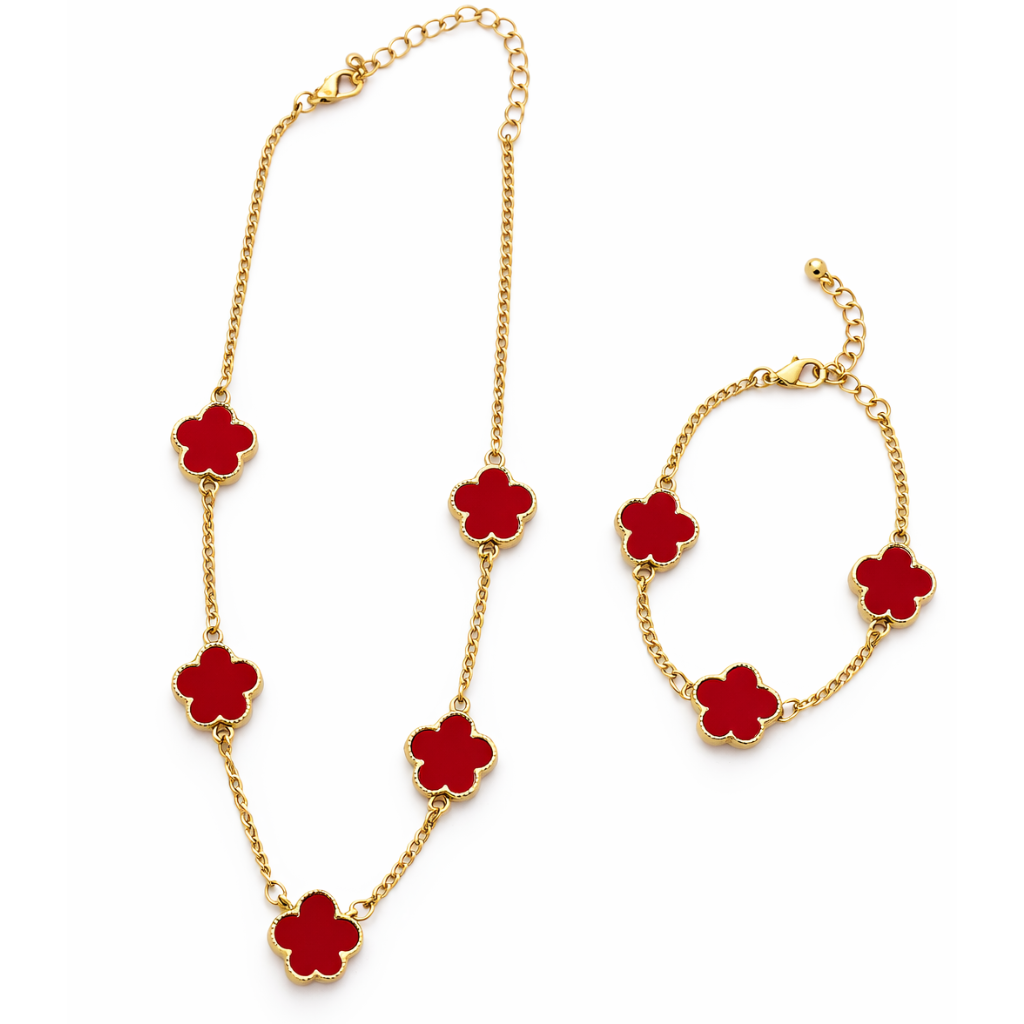 Red Clover Necklace & Bracelet Set - Gold Tone