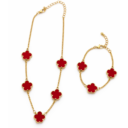 Red Clover Necklace & Bracelet Set - Gold Tone