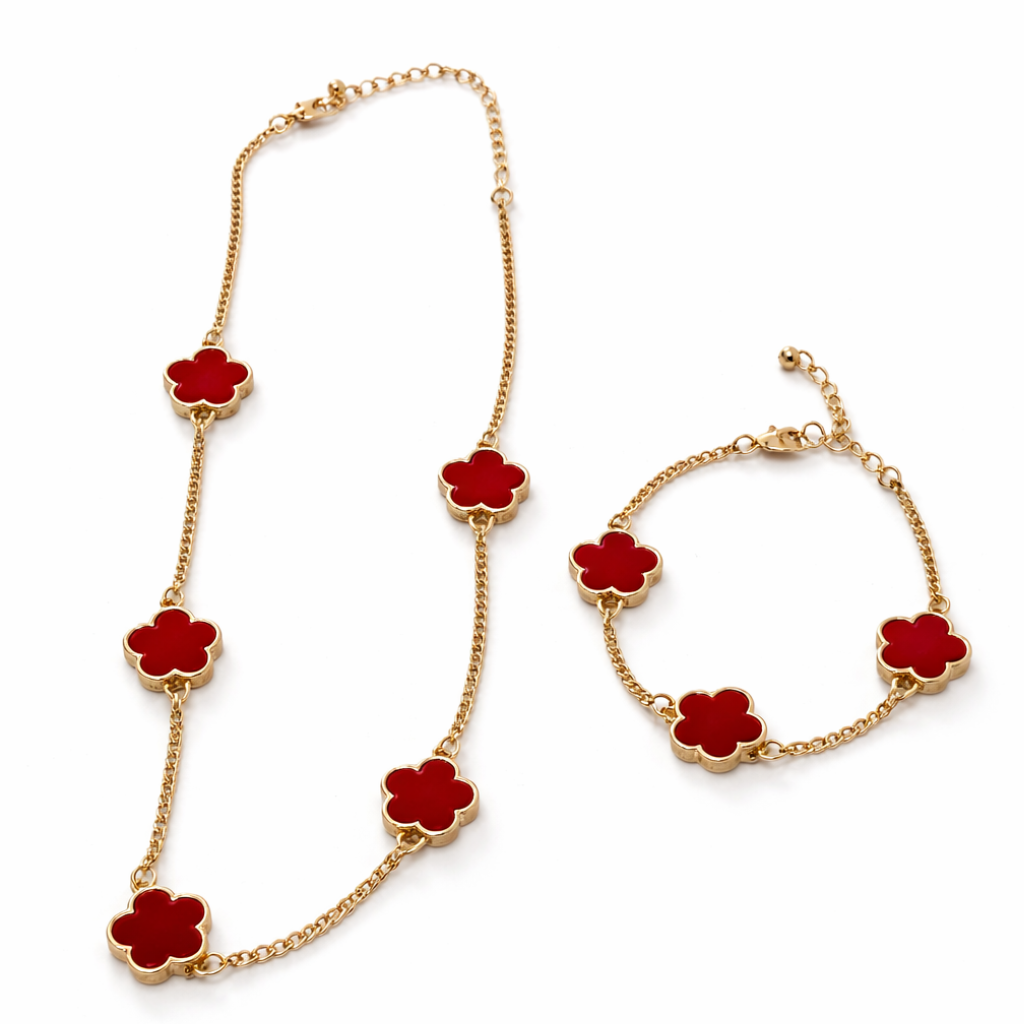 Red Clover Necklace & Bracelet Set - Gold Tone