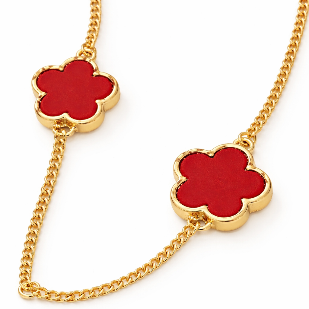 Red Clover Necklace & Bracelet Set - Gold Tone