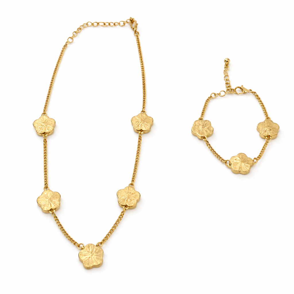 Red Clover Necklace & Bracelet Set - Gold Tone
