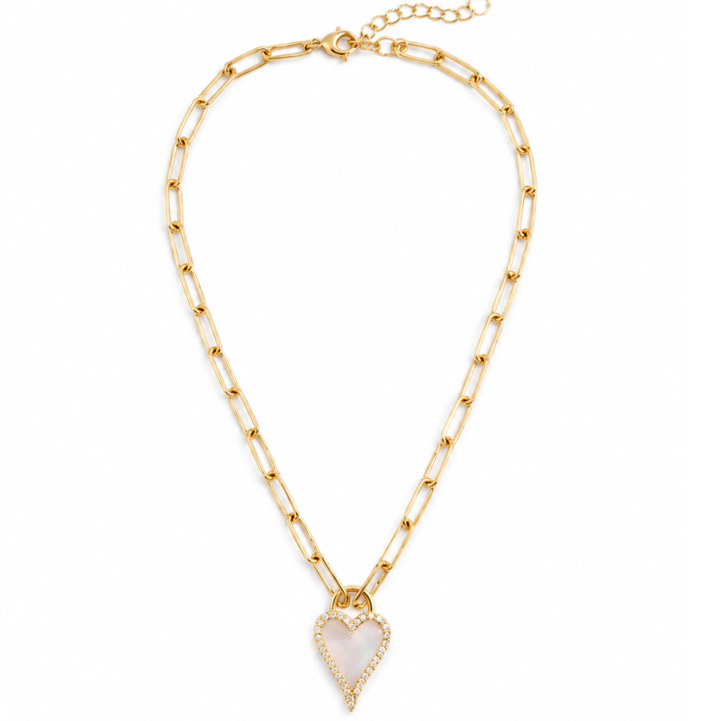 Silver-Tone Paperclip Chain Necklace with Mother Of Pearl Heart Pendant