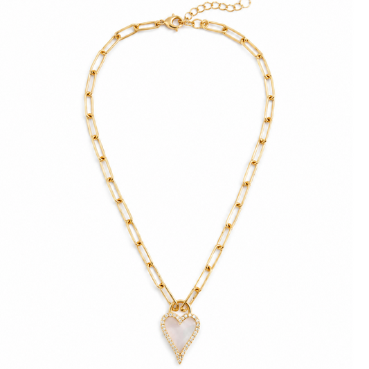 Silver-Tone Paperclip Chain Necklace with Mother Of Pearl Heart Pendant