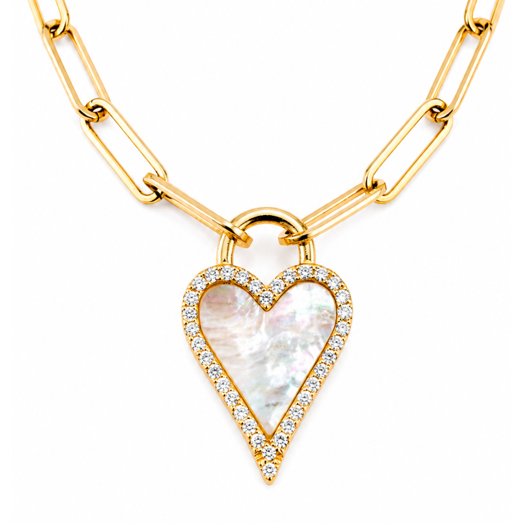 Silver-Tone Paperclip Chain Necklace with Mother Of Pearl Heart Pendant