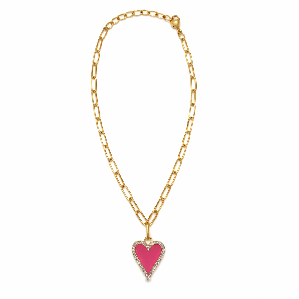 Gold-Tone Paperclip Chain Necklace with Pink Heart Pendant