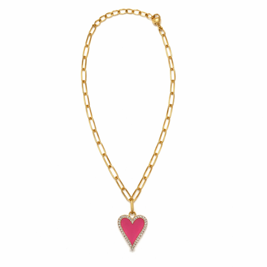 Gold-Tone Paperclip Chain Necklace with Pink Heart Pendant