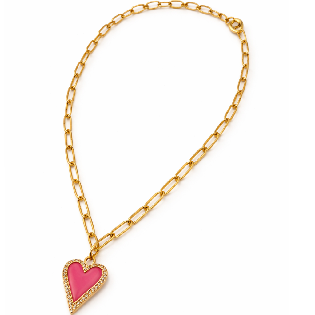 Gold-Tone Paperclip Chain Necklace with Pink Heart Pendant