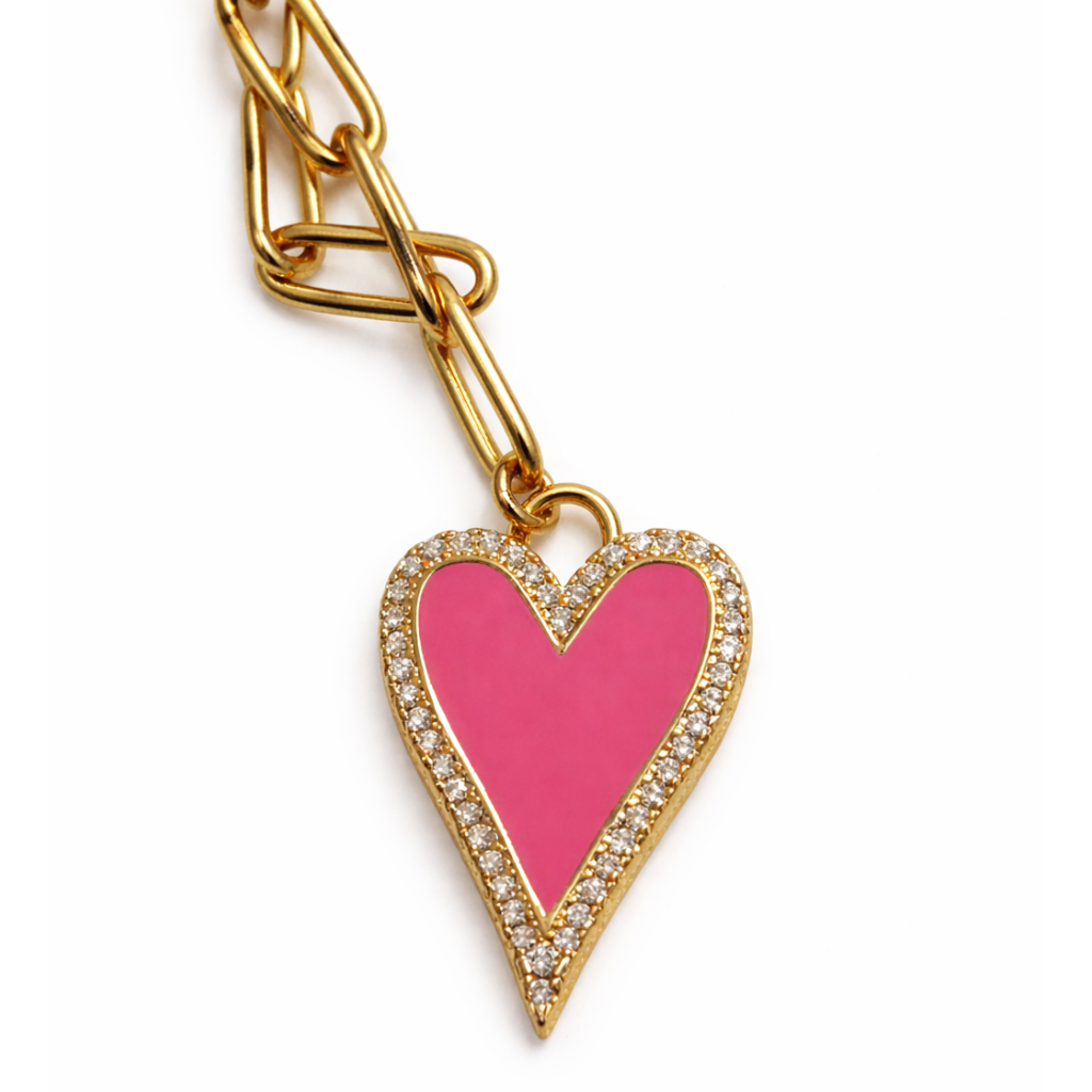 Gold-Tone Paperclip Chain Necklace with Pink Heart Pendant
