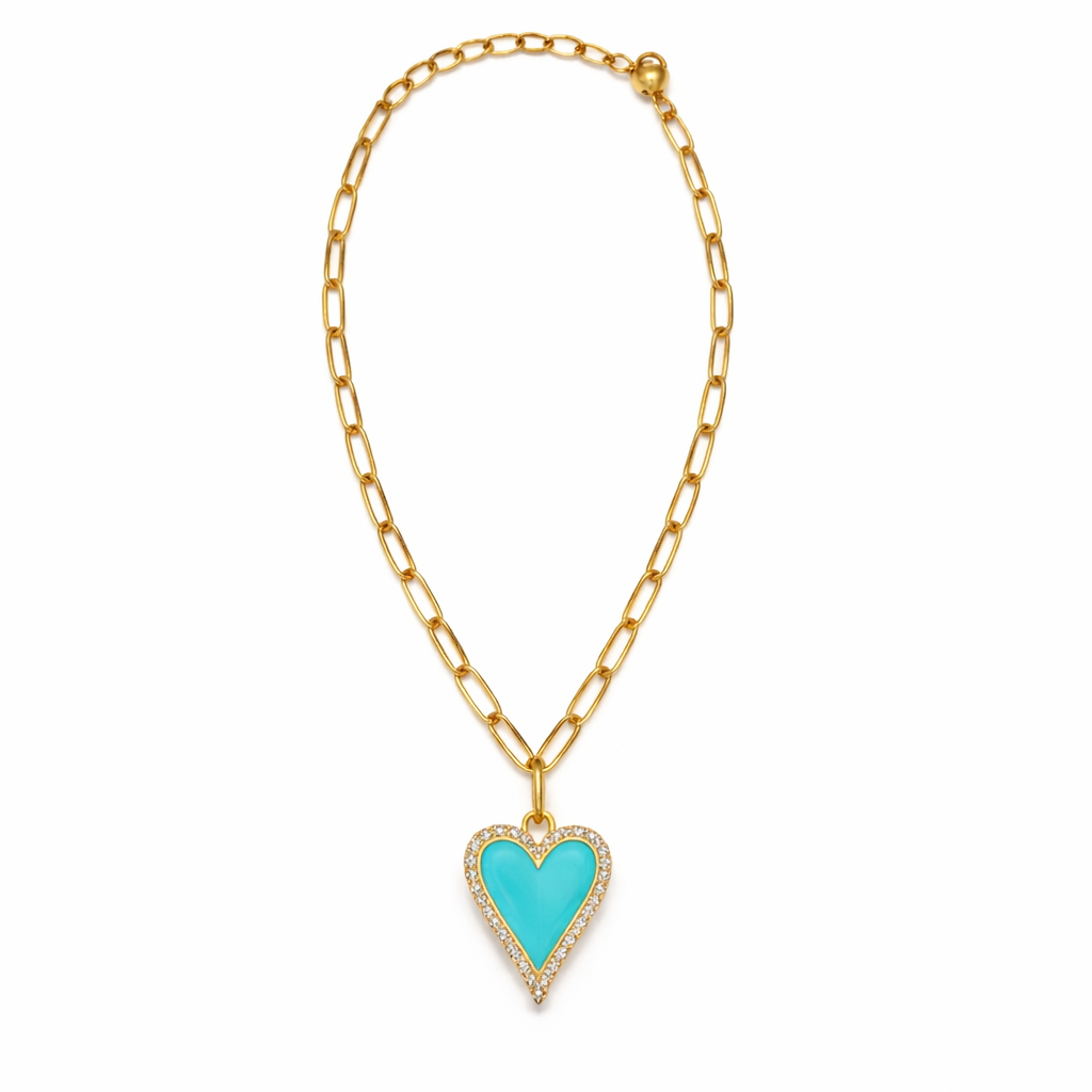 Gold-Tone Paperclip Chain Necklace with Teal Heart Pendant