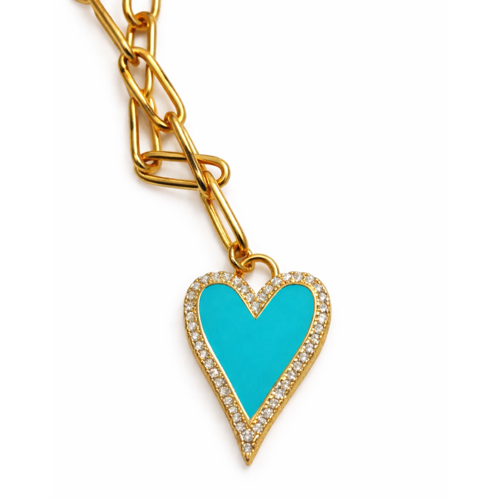 Gold-Tone Paperclip Chain Necklace with Teal Heart Pendant