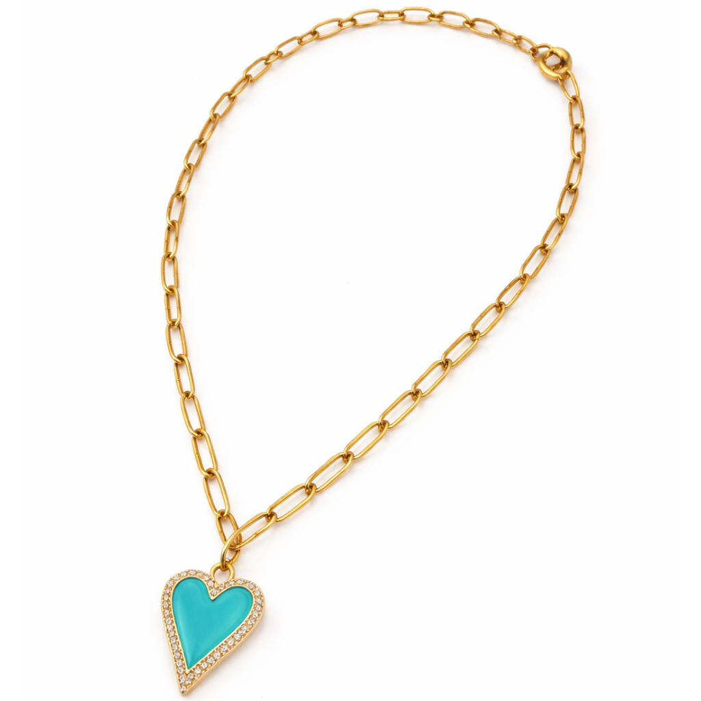 Gold-Tone Paperclip Chain Necklace with Teal Heart Pendant