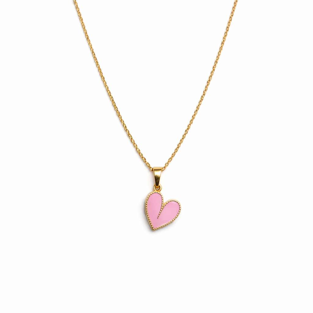 Gold Tone Pink Heart Pendant Necklace
