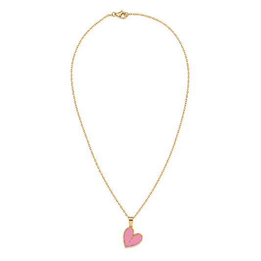 Gold Tone Pink Heart Pendant Necklace