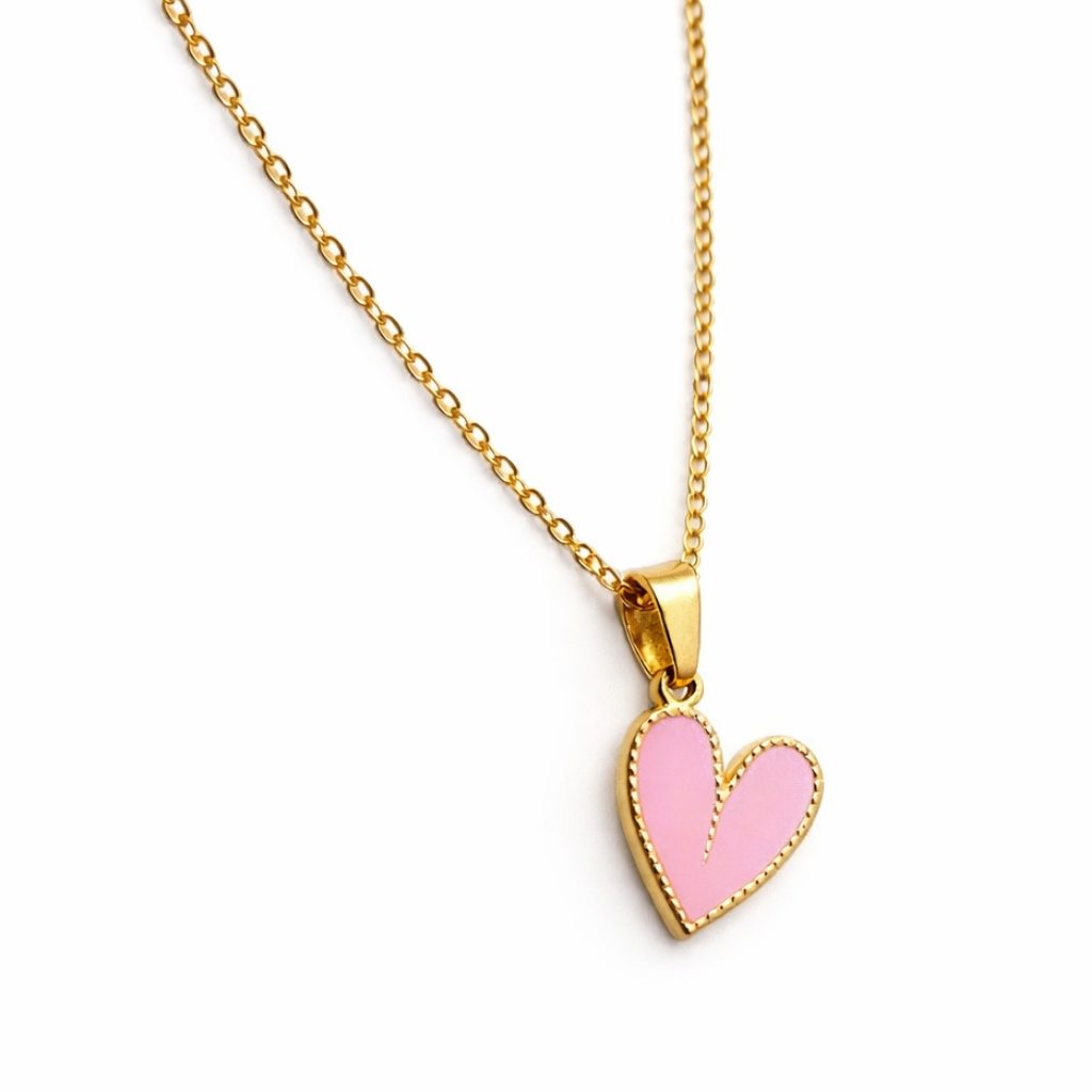 Gold Tone Pink Heart Pendant Necklace