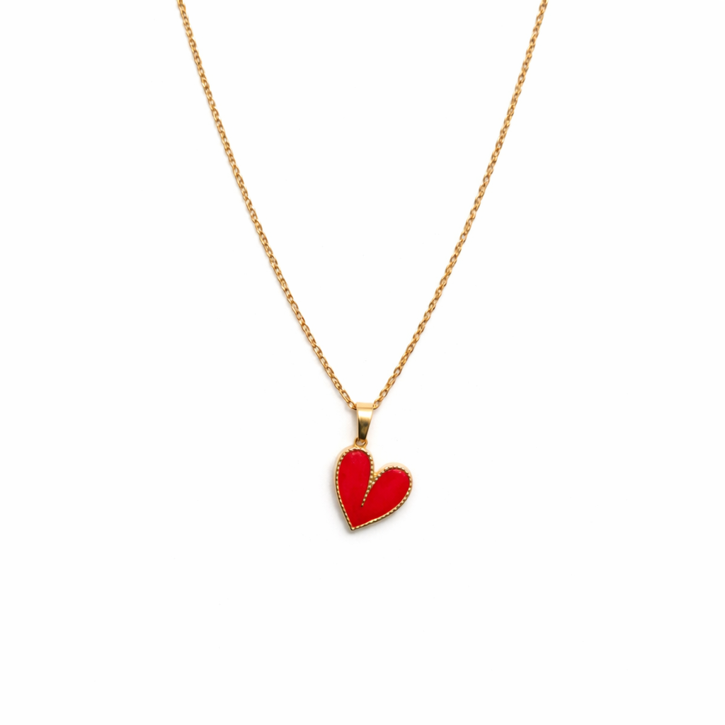 Gold Tone Red Heart Pendant Necklace