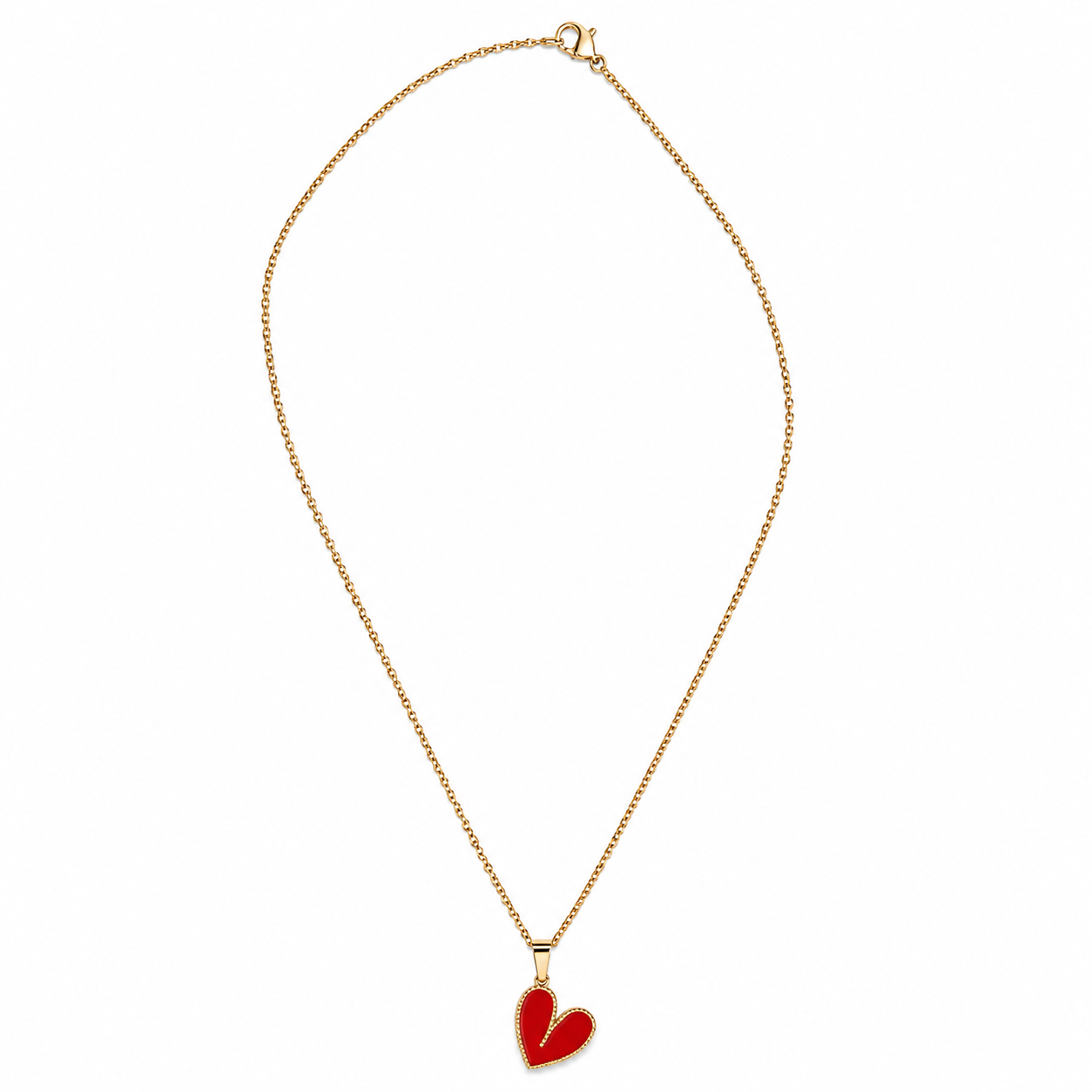 Gold Tone Red Heart Pendant Necklace