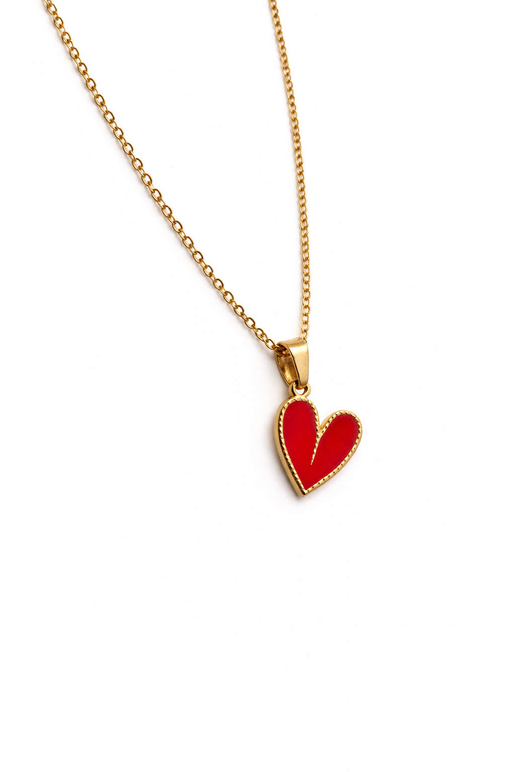 Gold Tone Red Heart Pendant Necklace