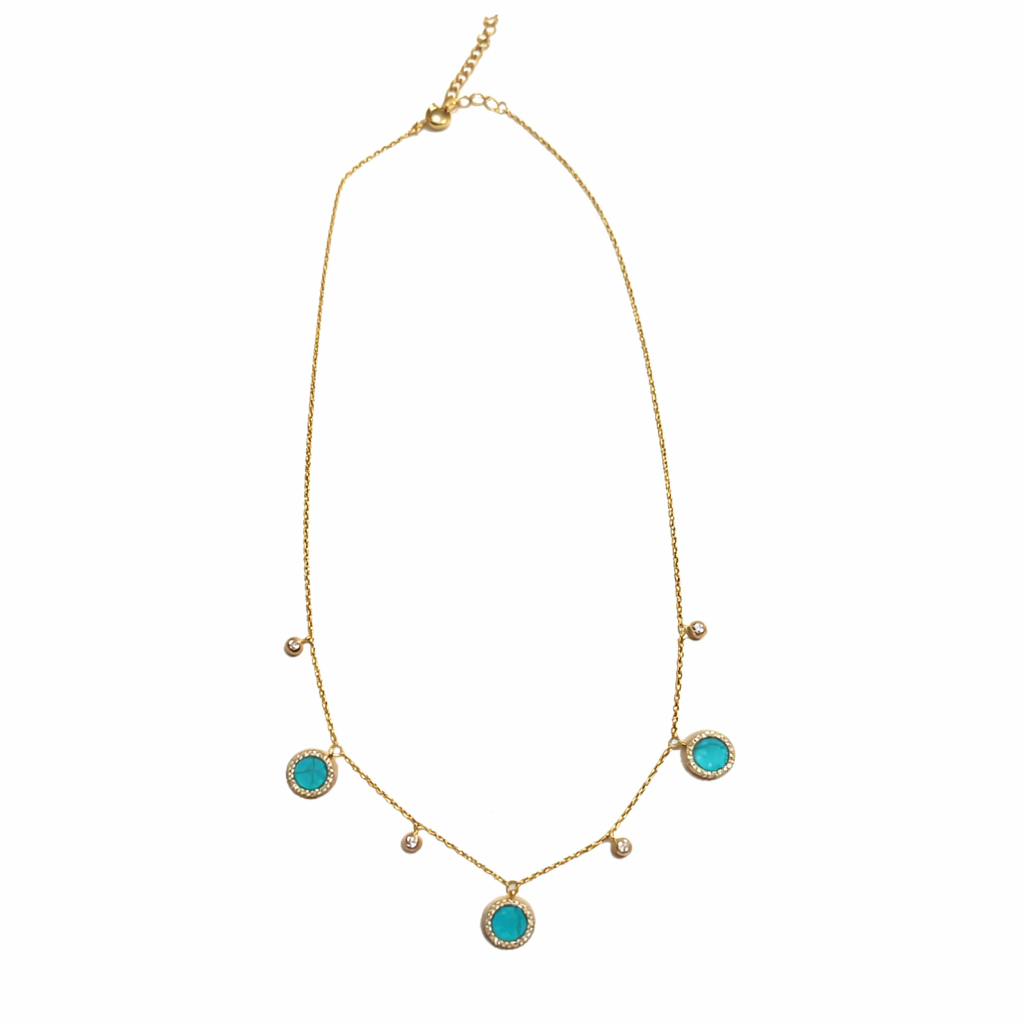 Gold Tone CZ And Turquoise Dangling Disc Necklace