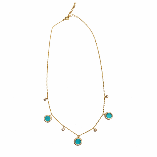 Gold Tone CZ And Turquoise Dangling Disc Necklace