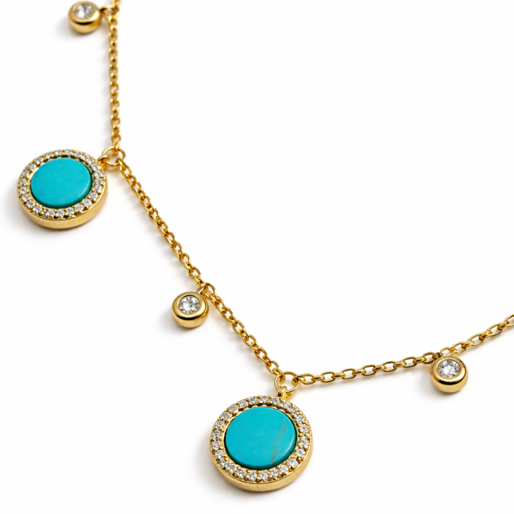 Gold Tone CZ And Turquoise Dangling Disc Necklace