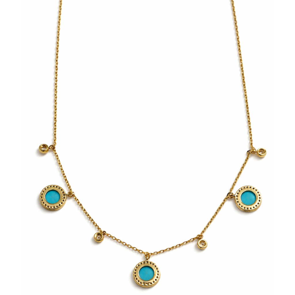 Gold Tone CZ And Turquoise Dangling Disc Necklace
