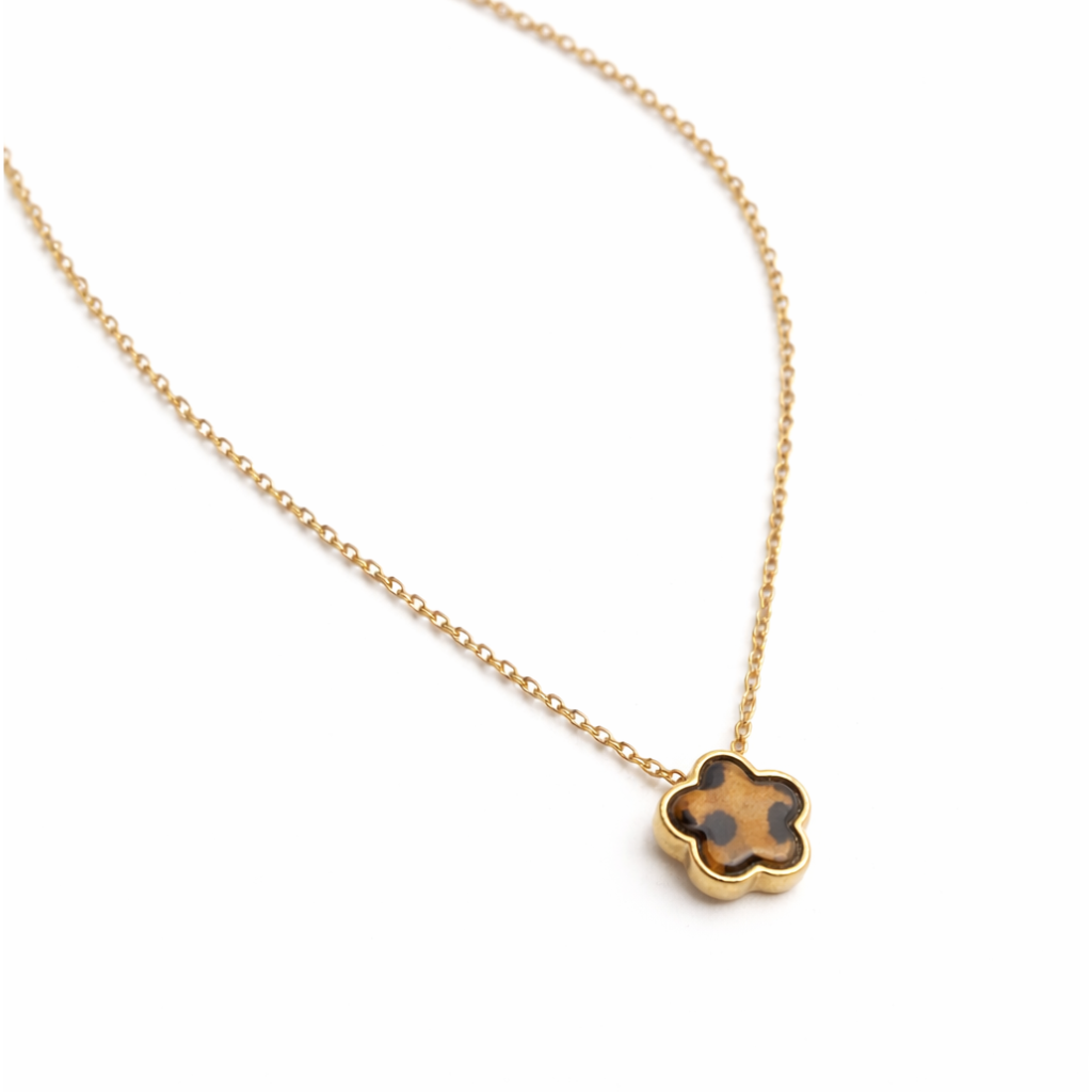 Gold Tone Flower Leopard Necklace
