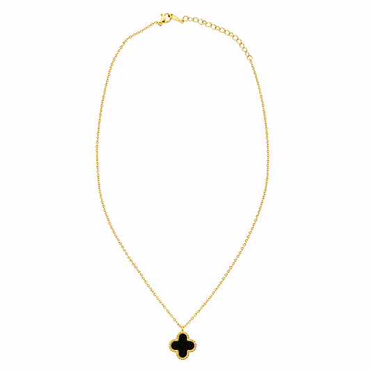 Gold Tone Onyx Clover Necklace