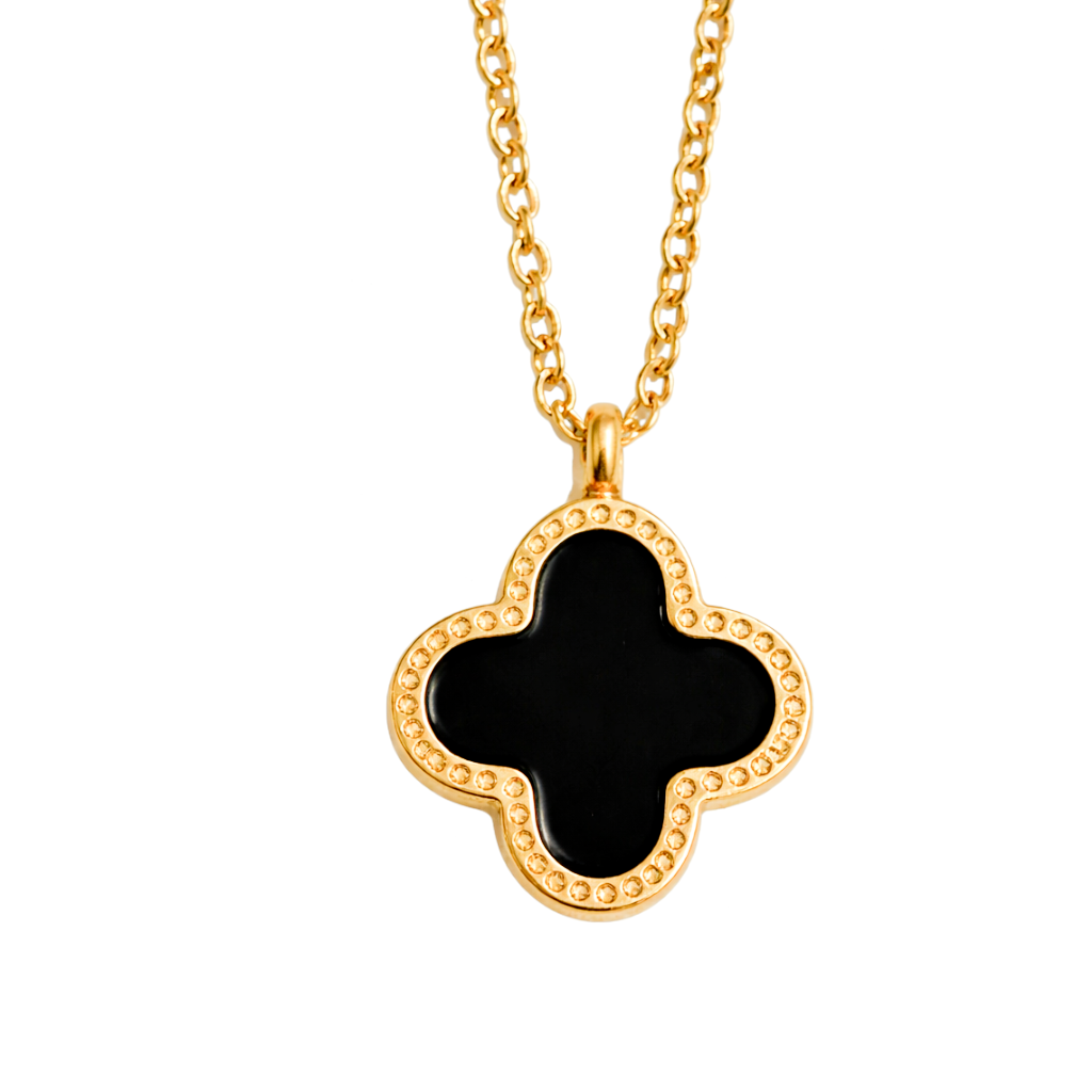 Gold Tone Onyx Clover Necklace
