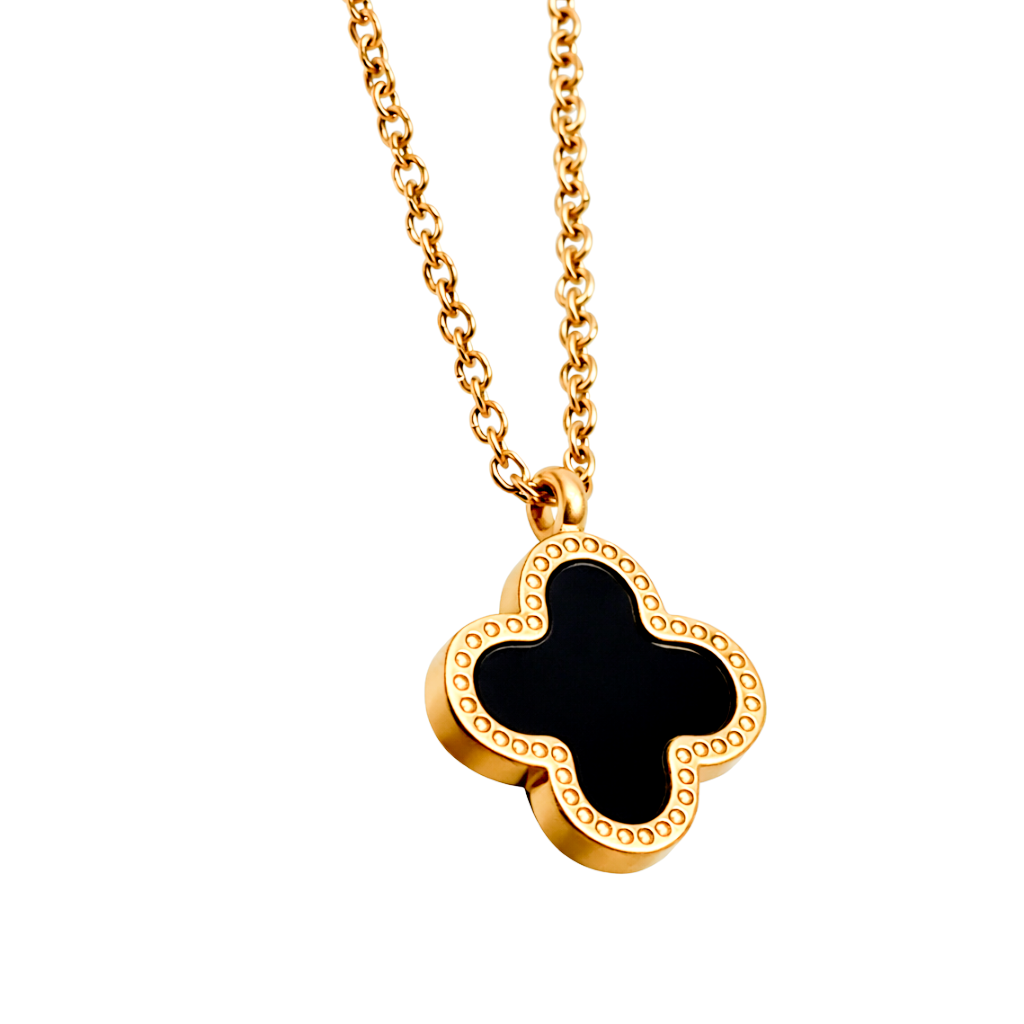 Gold Tone Onyx Clover Necklace