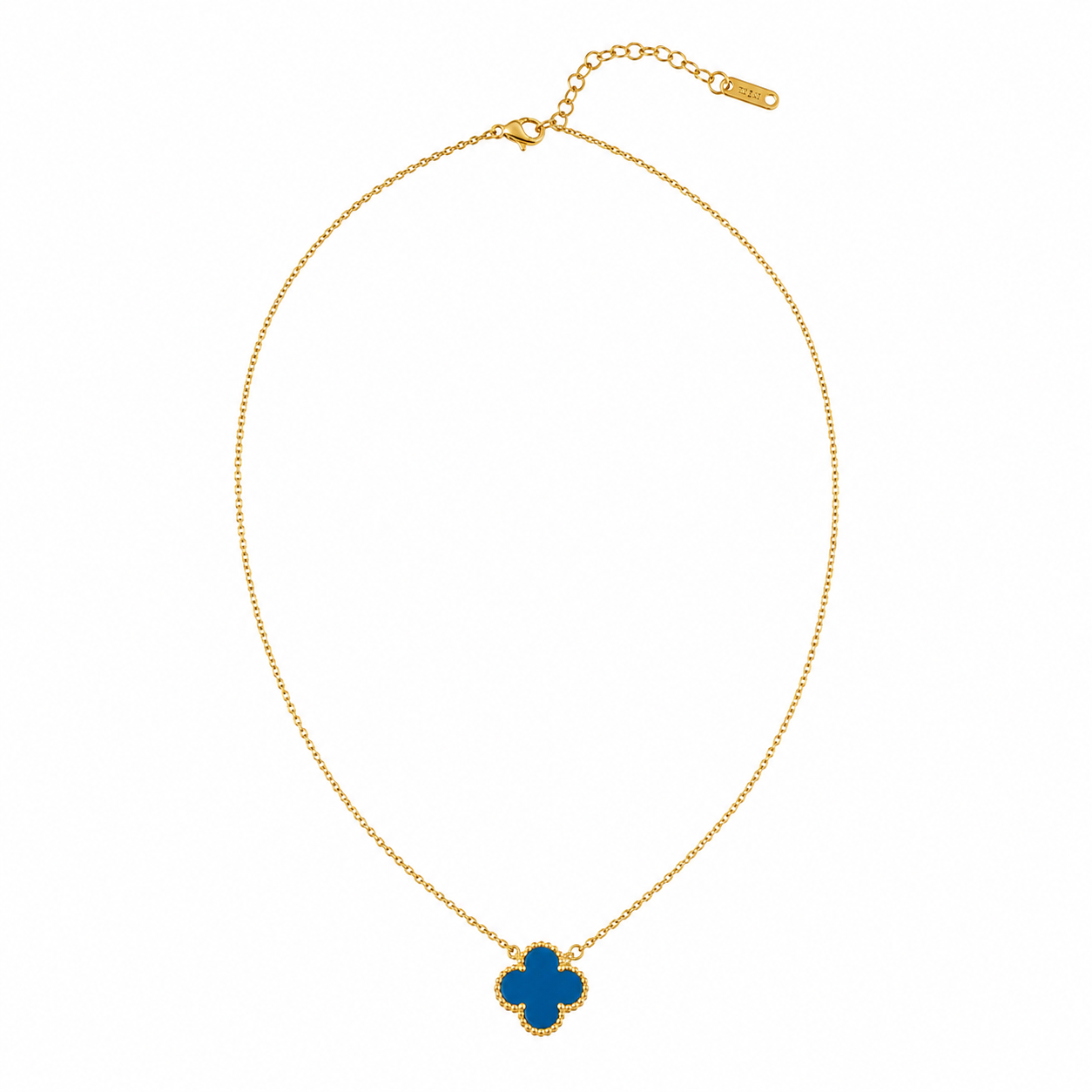 Gold Tone Dark Blue Agate Clover Leaf Necklace