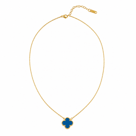 Gold Tone Dark Blue Agate Clover Leaf Necklace