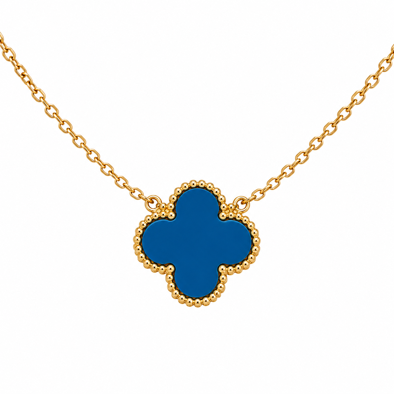 Gold Tone Dark Blue Agate Clover Leaf Necklace