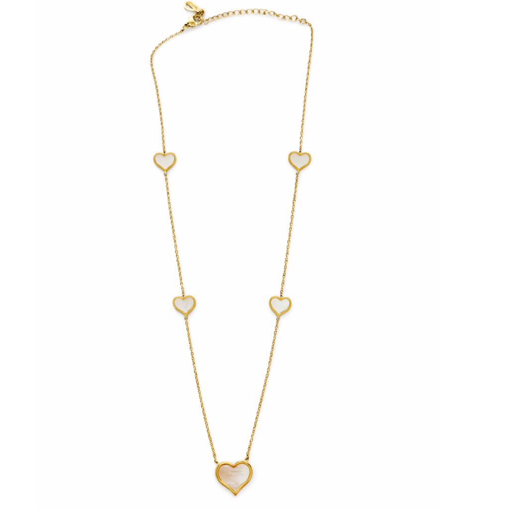 Gold Tone Station Chain Necklace With Five Hearts Accents