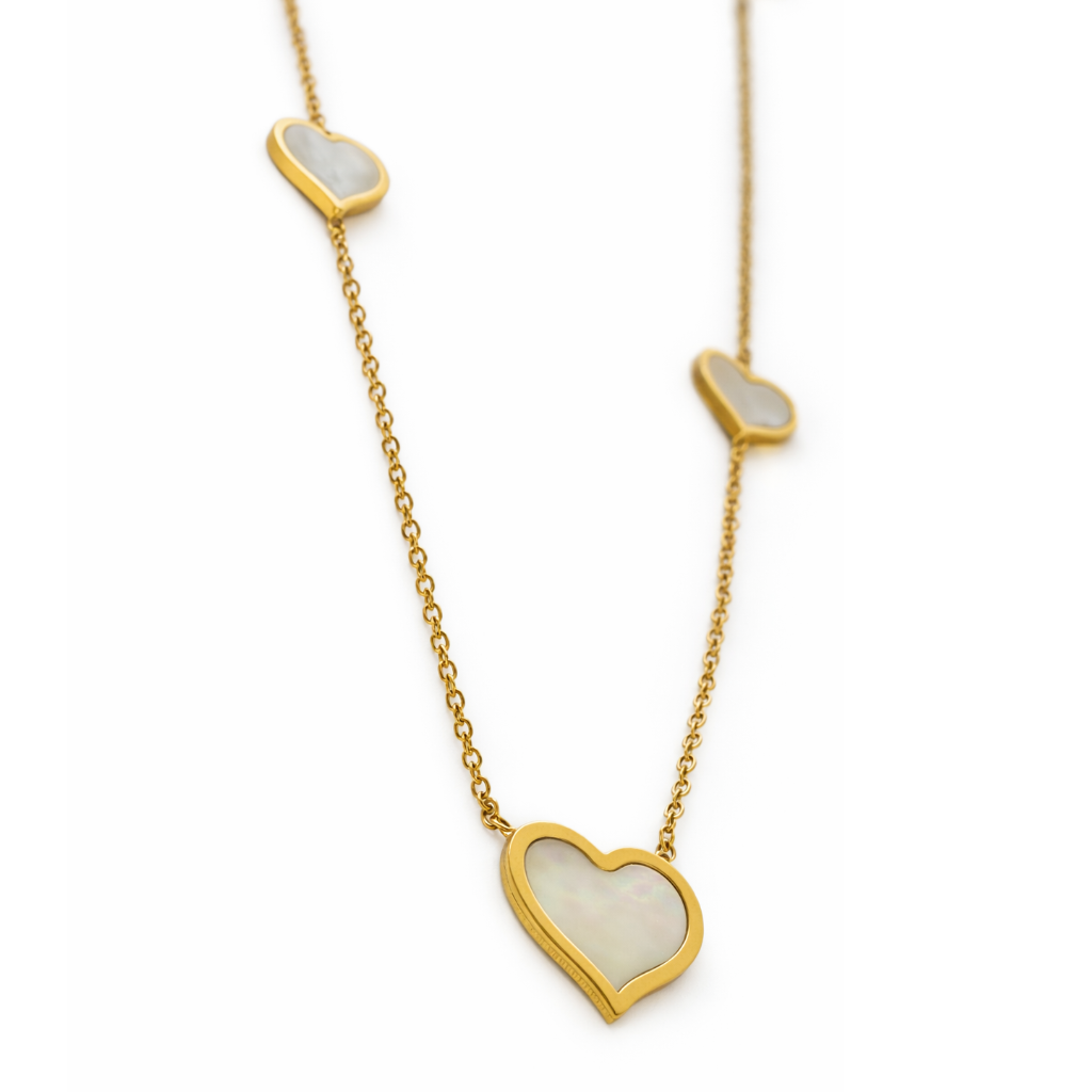 Gold Tone Station Chain Necklace With Five Hearts Accents