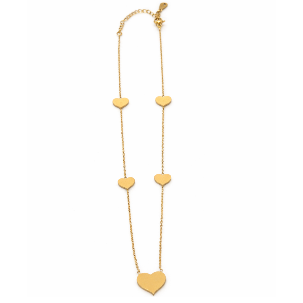 Gold Tone Station Chain Necklace With Five Hearts Accents