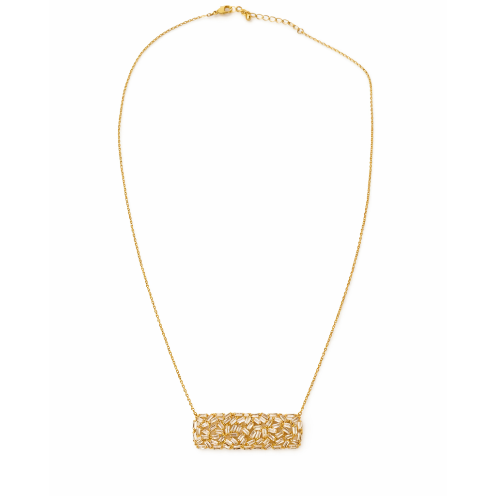 Gold Tone Mosaic Baguette Bar Necklace
