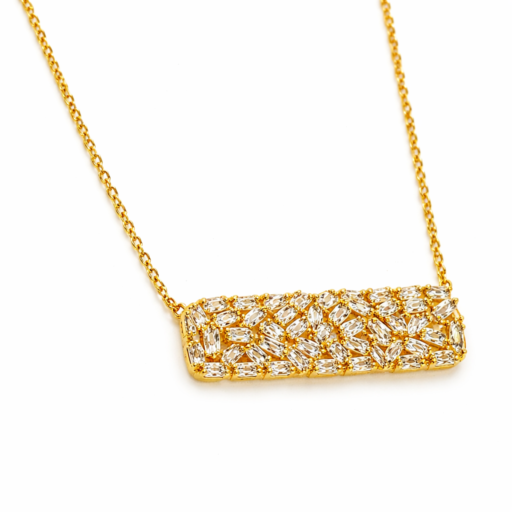 Gold Tone Mosaic Baguette Bar Necklace