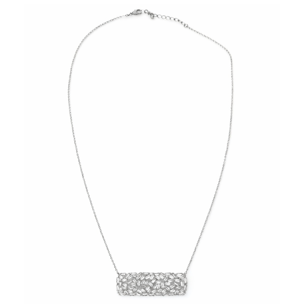 Silver Tone Mosaic Baguette Bar Necklace