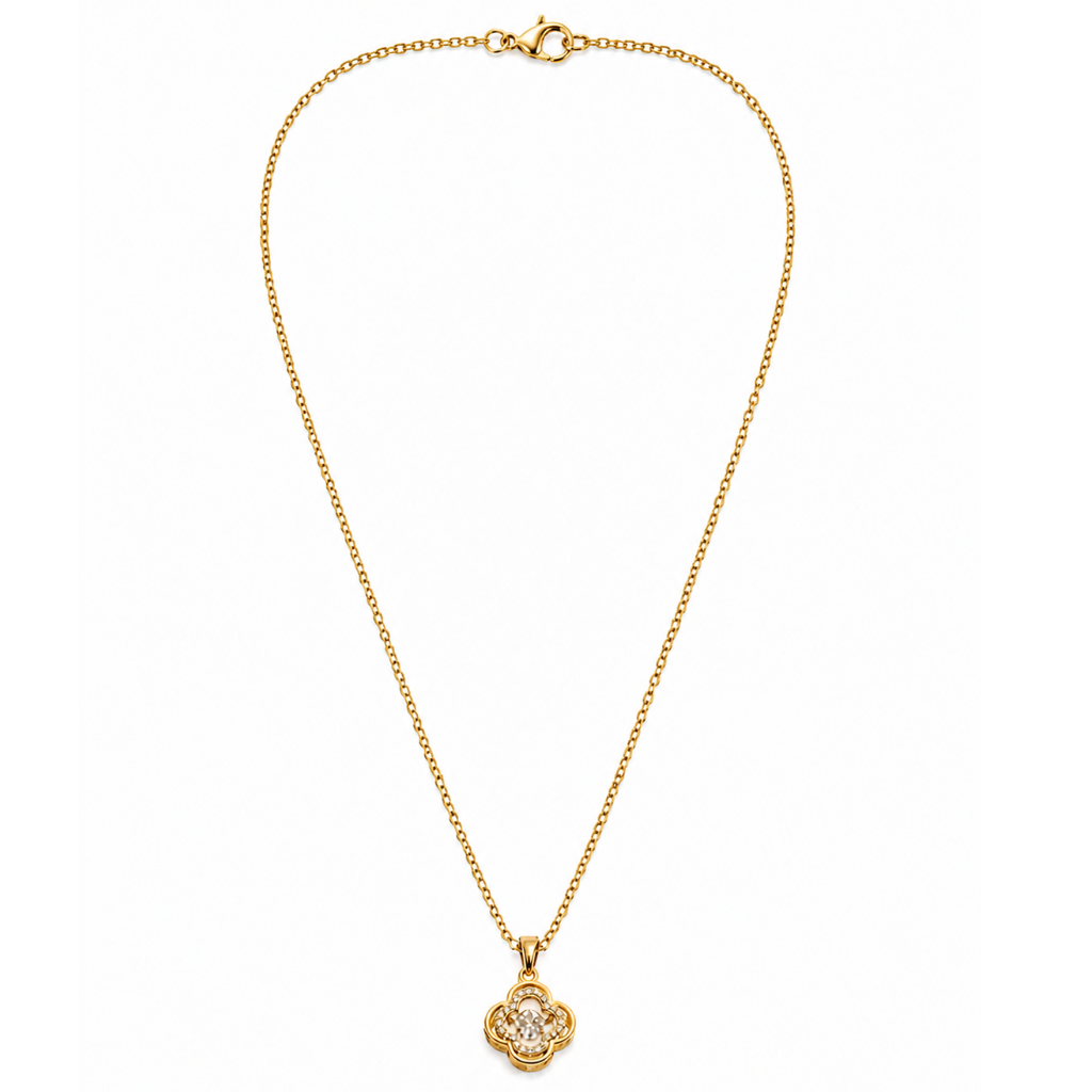 Gold Tone Openwork Clover Medallion Necklace