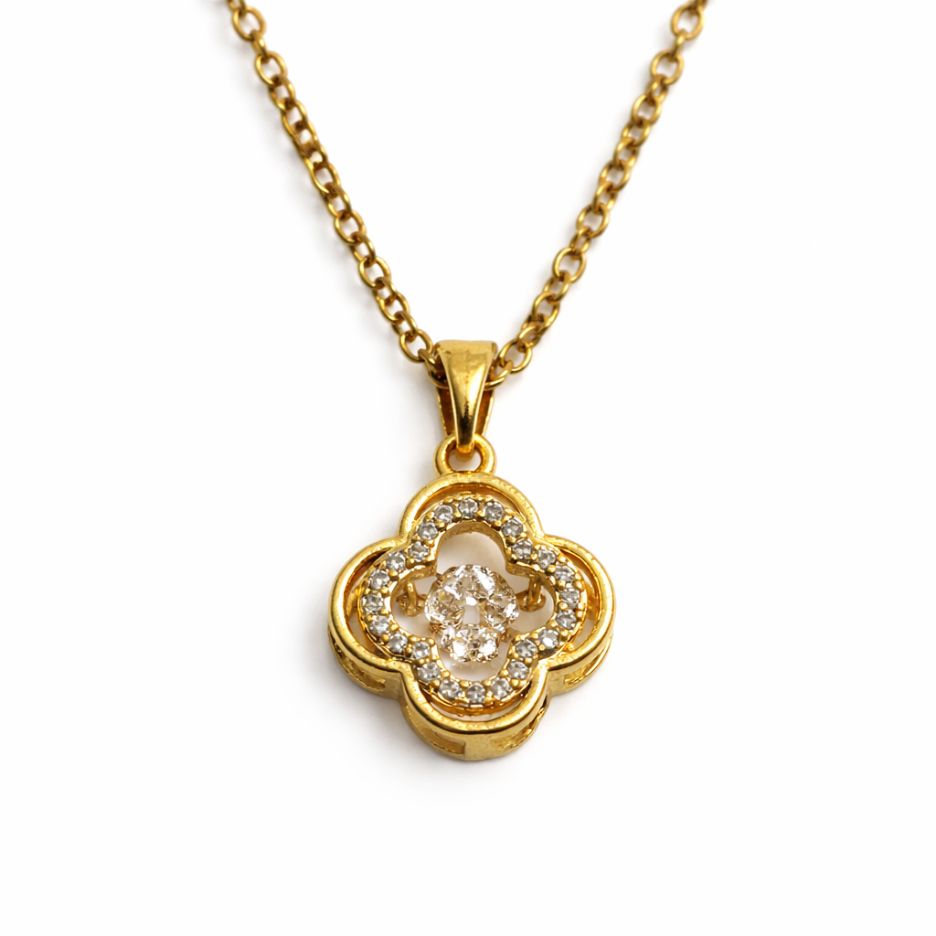 Gold Tone Openwork Clover Medallion Necklace