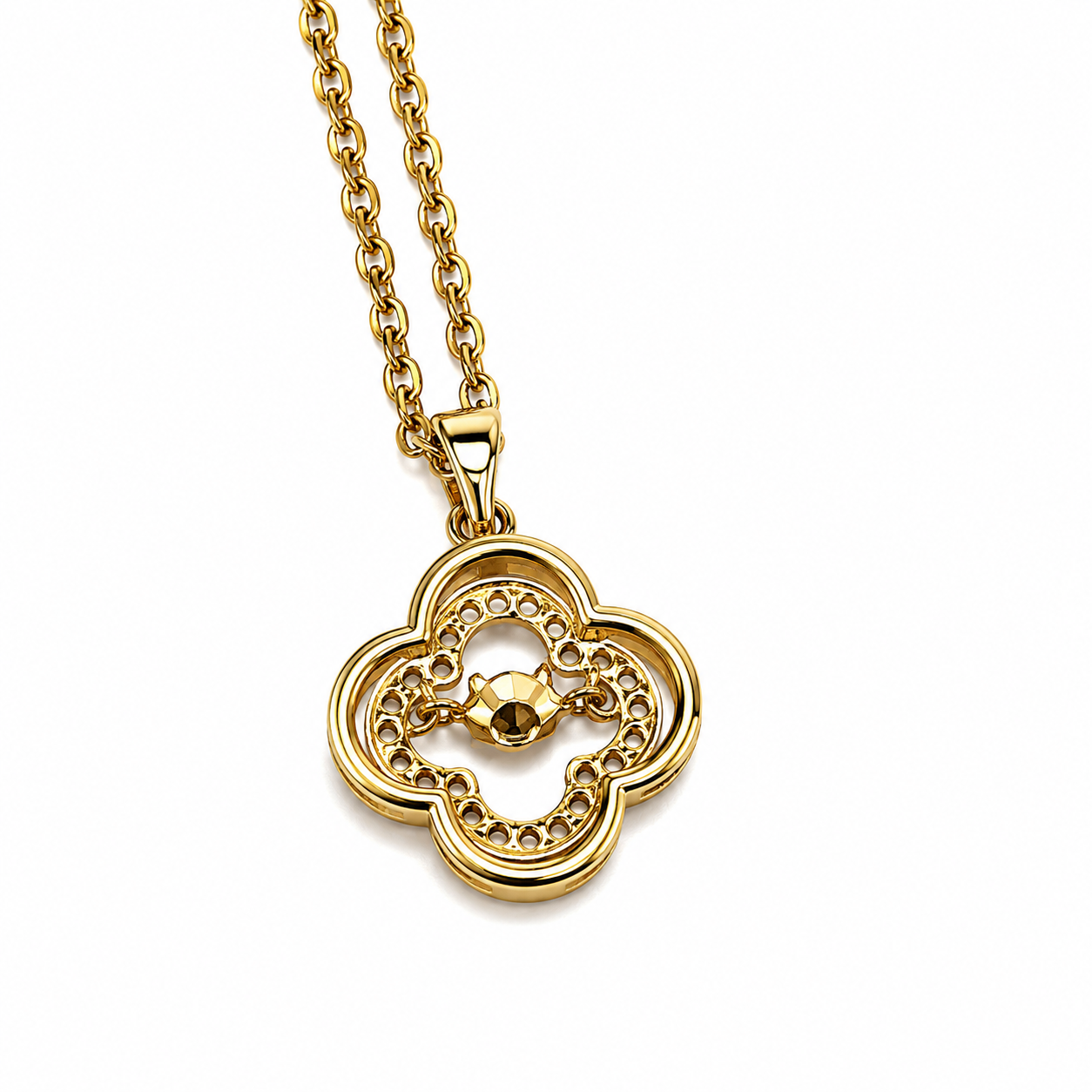 Gold Tone Openwork Clover Medallion Necklace