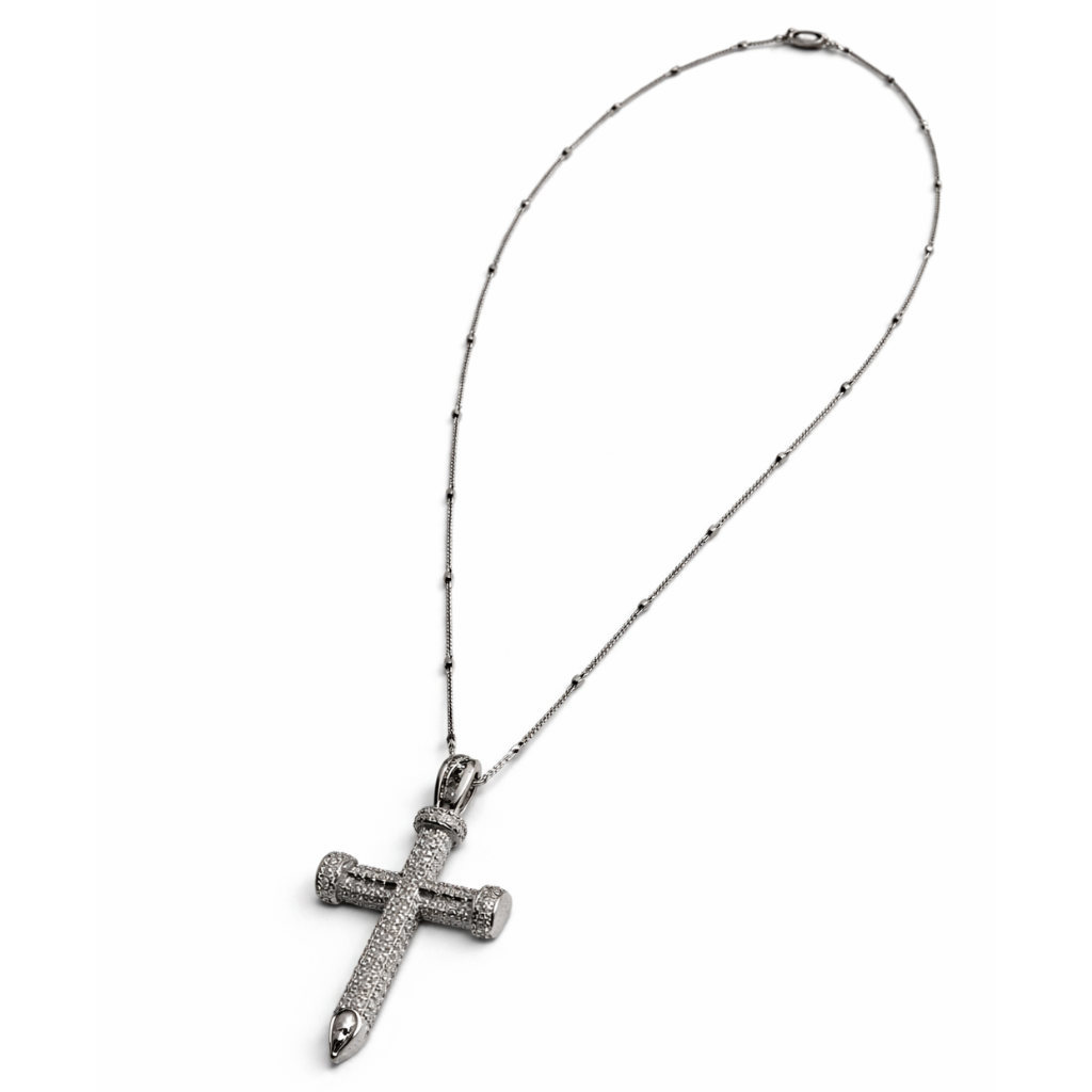 Silver Tone Bold Pave Station Cross Necklace