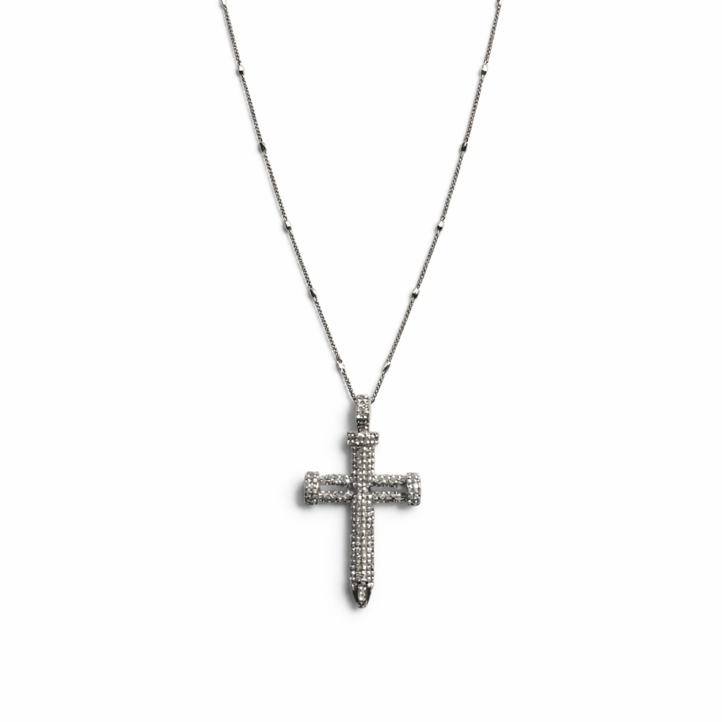 Silver Tone Bold Pave Station Cross Necklace