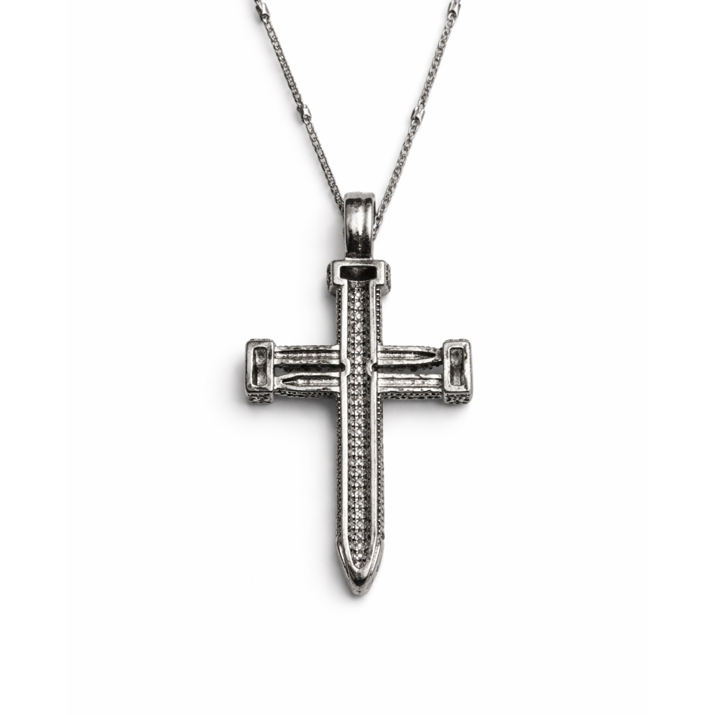 Silver Tone Bold Pave Station Cross Necklace