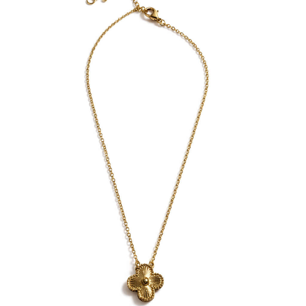 Gold Tone Engraved Guilloche Clover Necklace