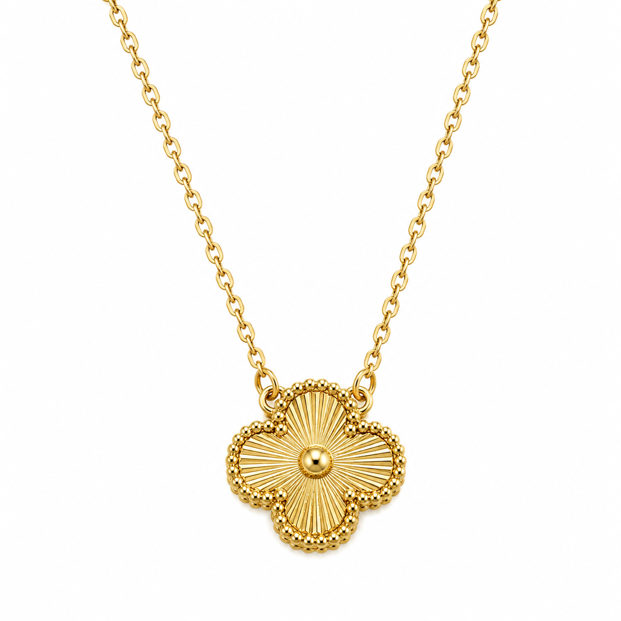 Gold Tone Engraved Guilloche Clover Necklace