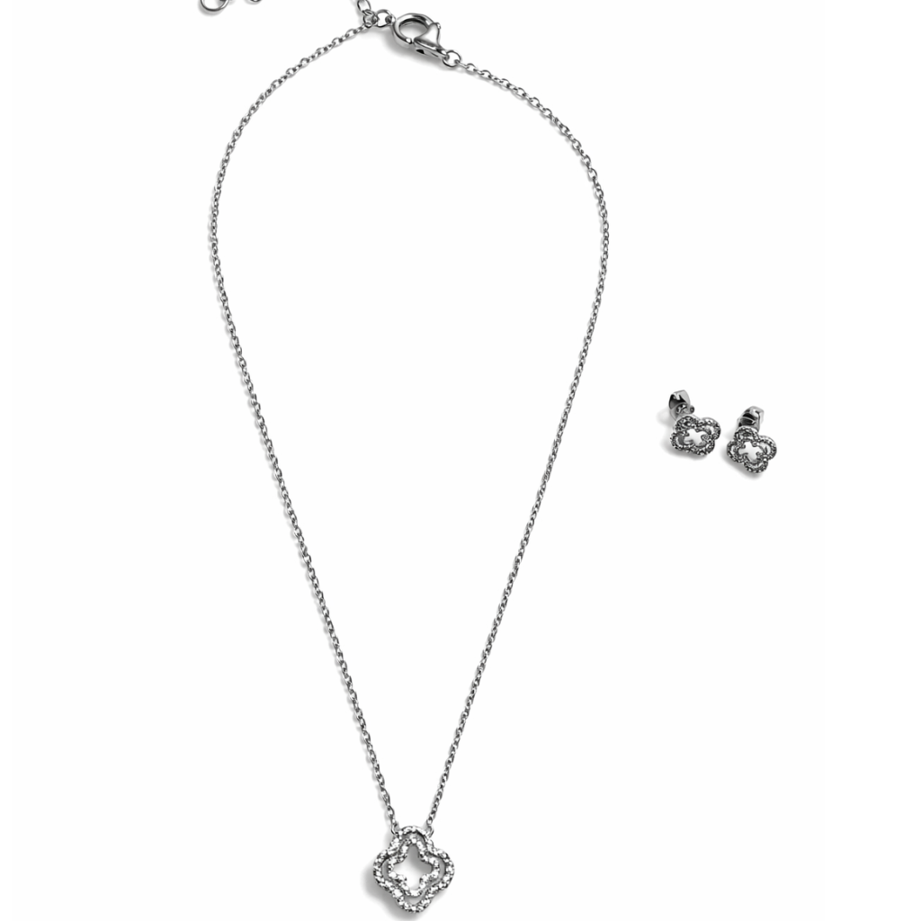 Silver Tone Delicate Iced-Out Clover Station Necklace And Earrings Set