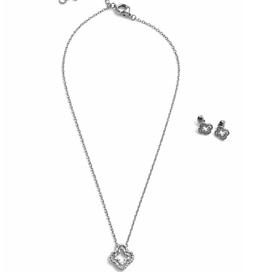 Silver Tone Delicate Iced-Out Clover Station Necklace And Earrings Set
