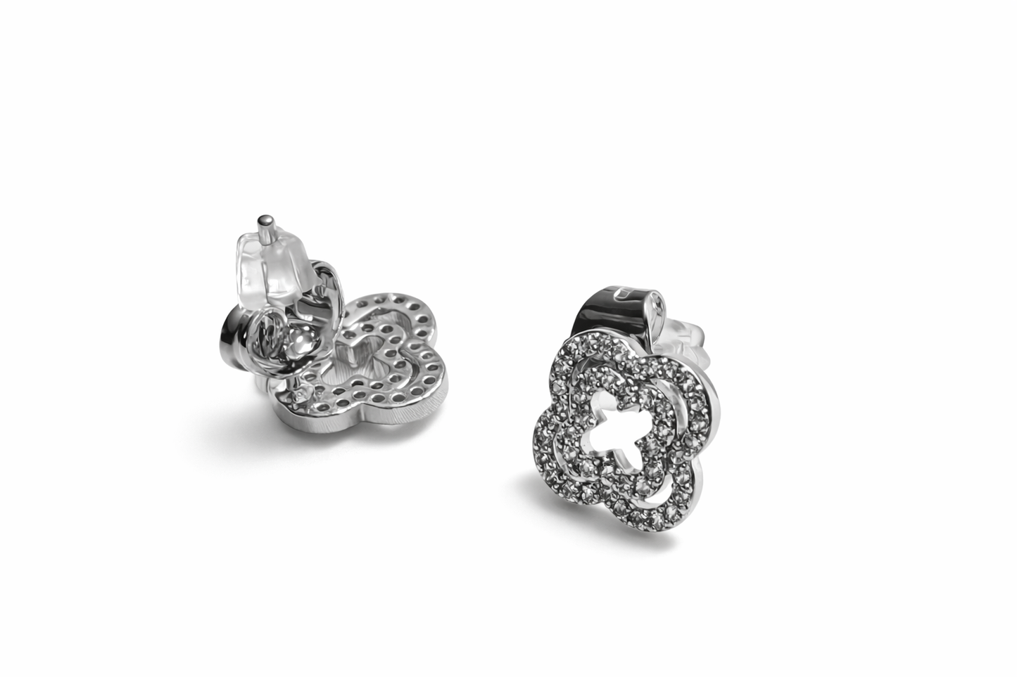 Silver Tone Delicate Iced-Out Clover Station Necklace And Earrings Set