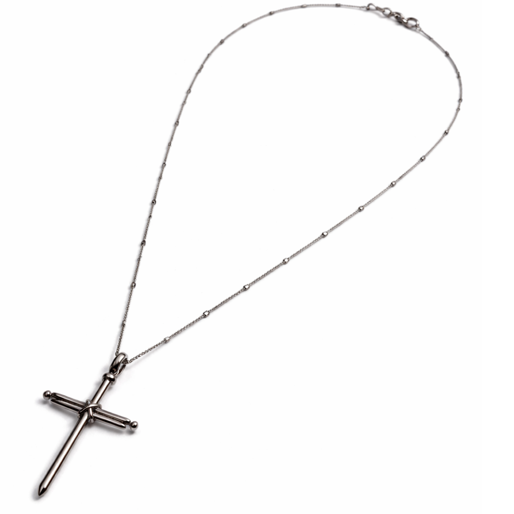 Silver Tone Polished Carpenter Nail Cross Necklace